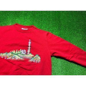 Vintage 90s Lighthouse Nature Men's Sweat Shirt Size Medium Red
